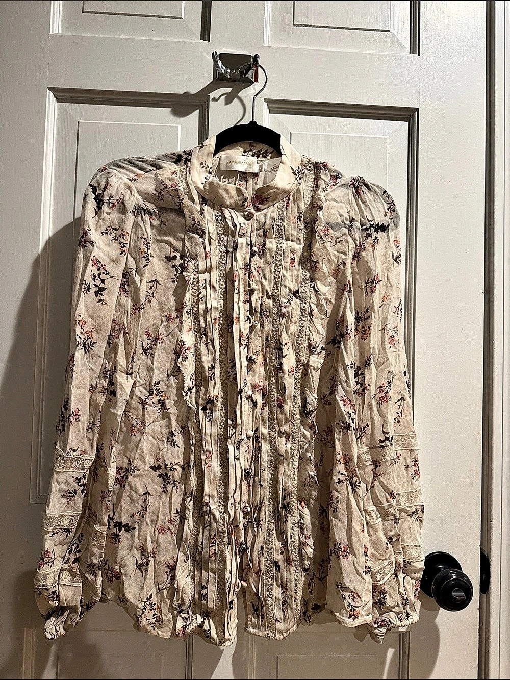 Zimmermann Floral Ruffle Front Blouse in Cream & Pink